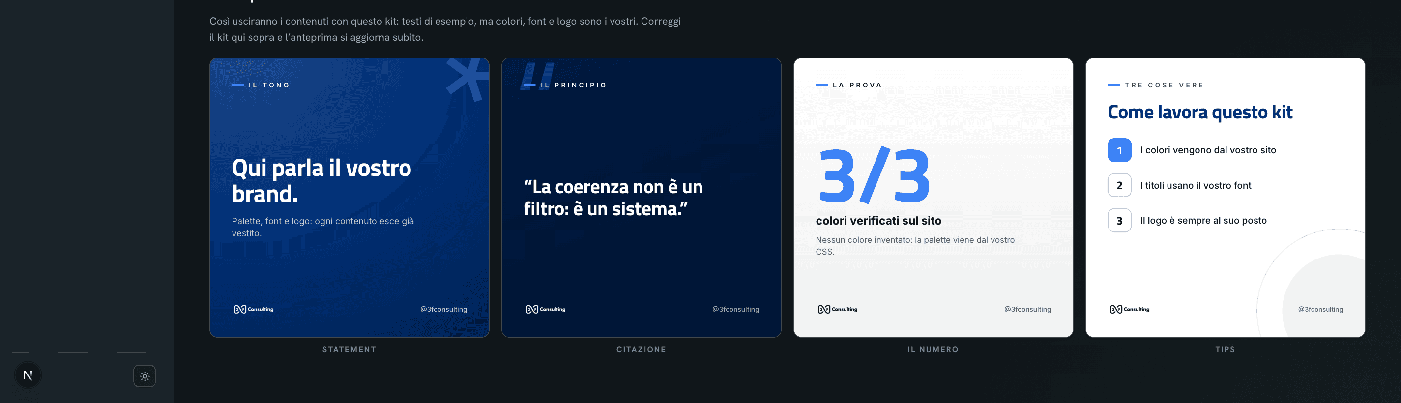L’applicazione di iteia: l’anteprima dei visual con il brand kit di 3F Consulting applicato a quattro template tipografici.